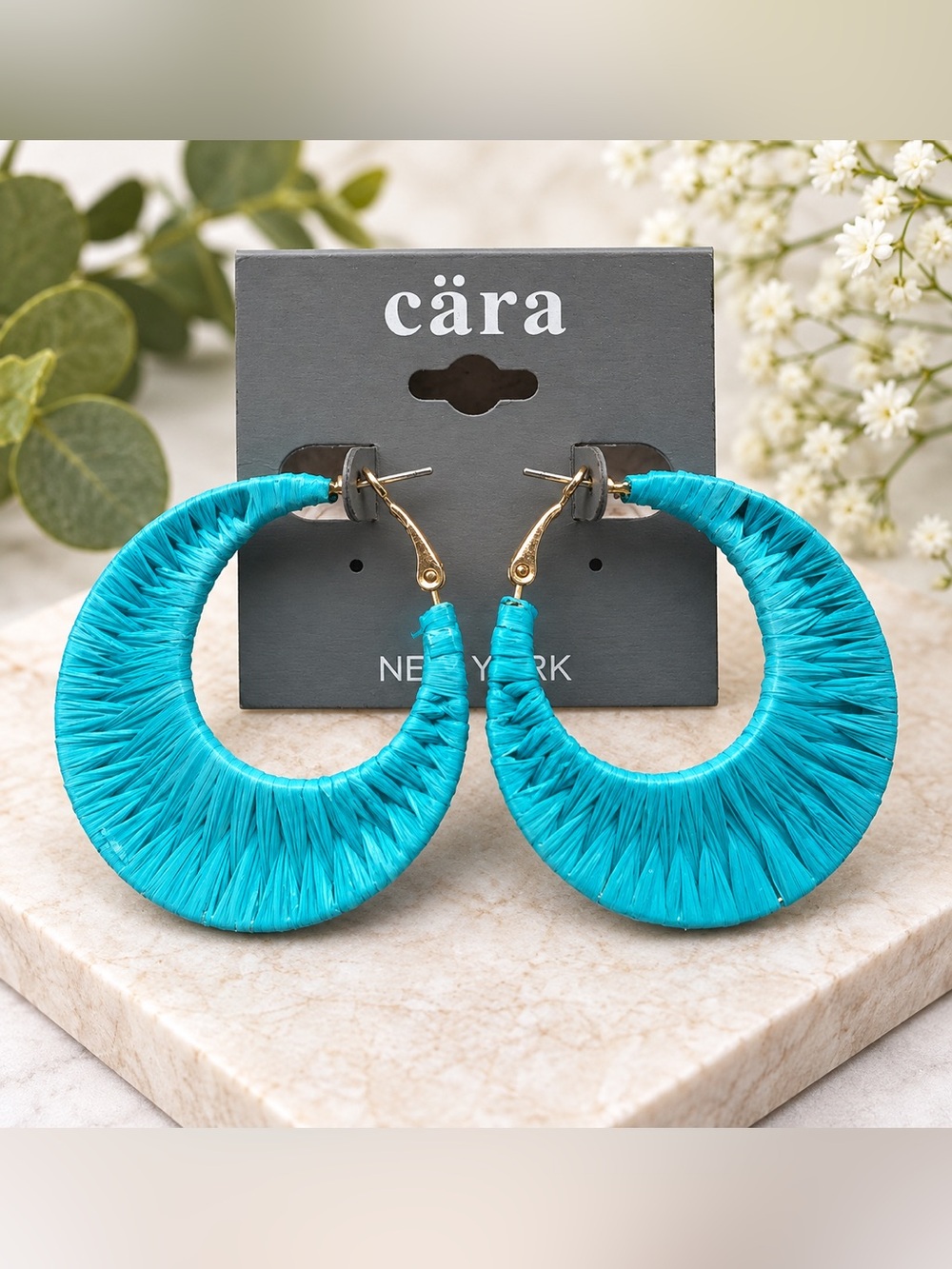 Cära New York Turquoise Raffia Wrapped Statement Hoop Earrings